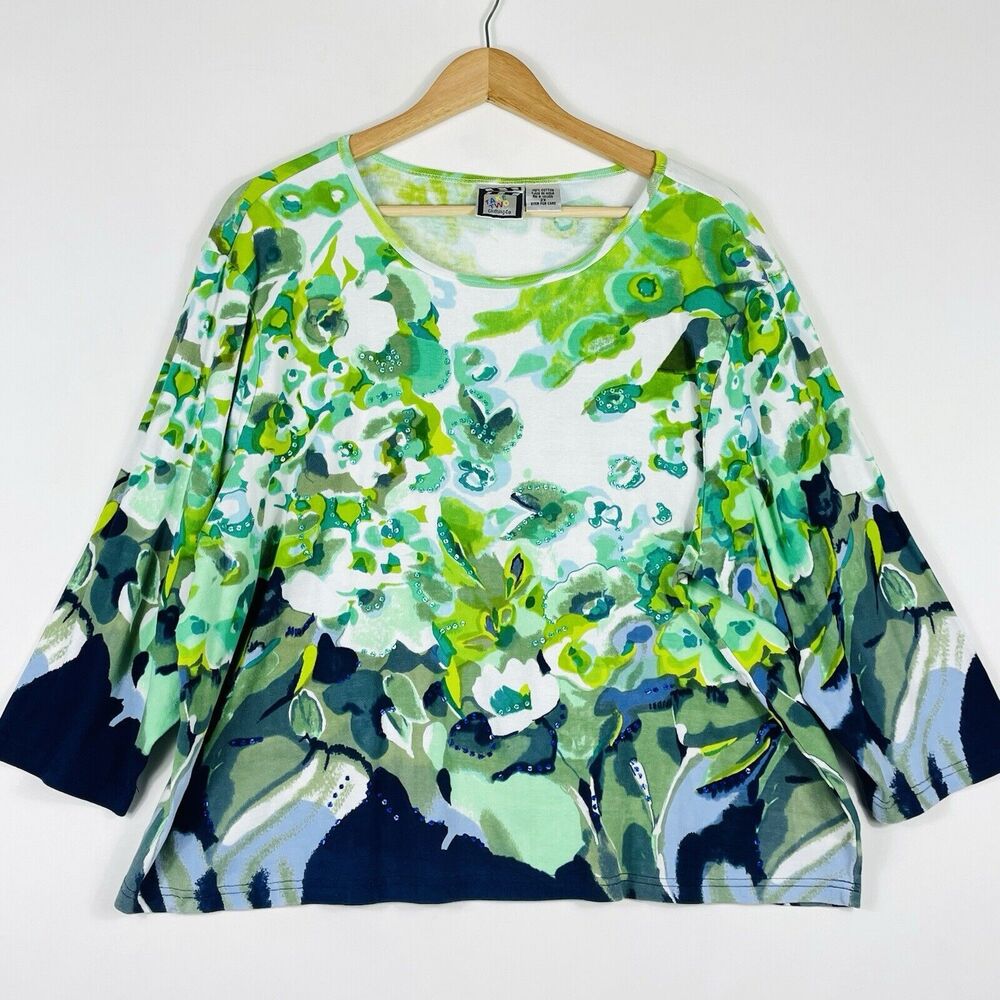 Take‎ Two Clothing Co Top Womens 2X Green Blue Floral 3/4 Sleeve Sequin Artsy